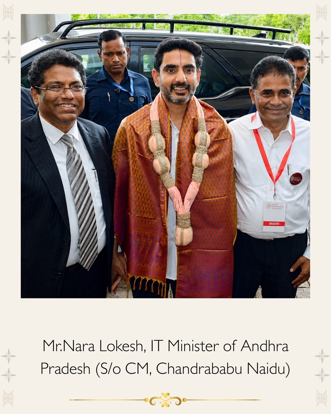 Mr. Nara Lokesh, IT Minister of Andhra Pradesh, felicitated with a White Flowerr Vastra Maala